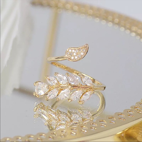 14K Gold Plated Diamond Leaf Ring - Picture 4 of 9